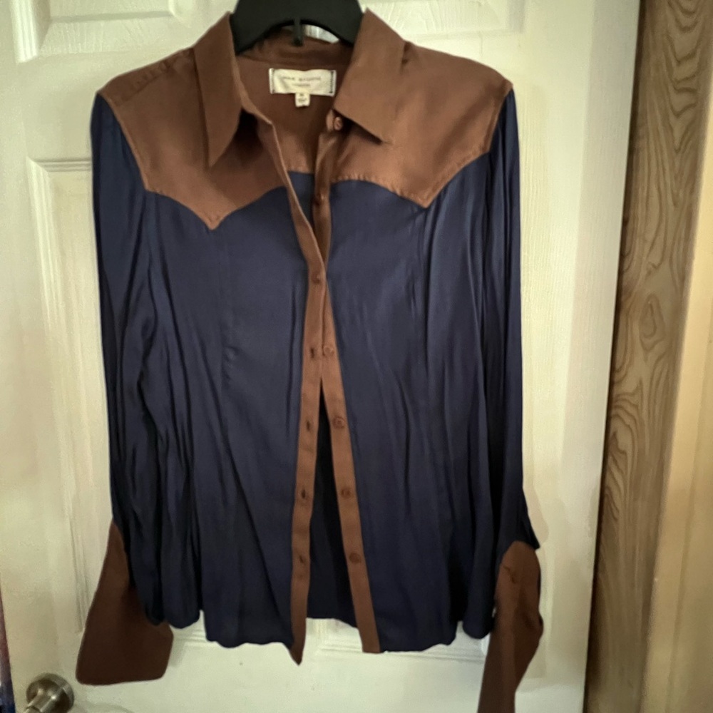 Max Studio Blue and Brown Button Down Shirt with Notched Collar